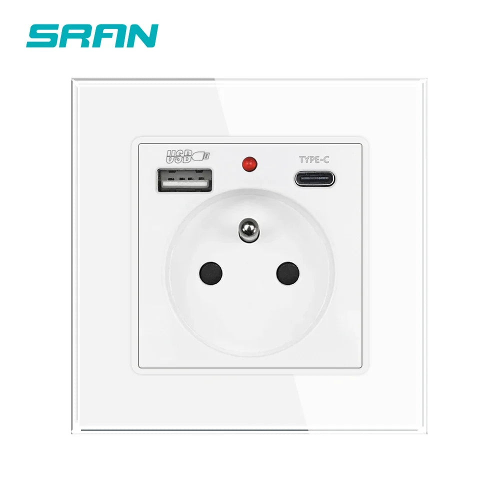 SRAN Französische USB-Wandsteckdose 5 V 2,1 A, Kristall-Hartglasscheibe 16 A 220 V 82 x 82 mm Steckdose Frankreich-Standard mit Abdeckung