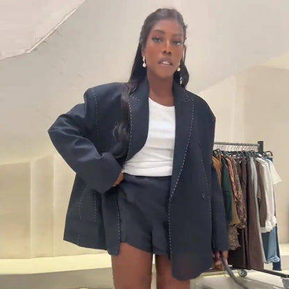 Fashion Line Suit Jackets Pants Sets Women Loose Lapel Double Breasted Blazer Pleated Wide Leg Pant 2025 Autumn Lady Office Suit