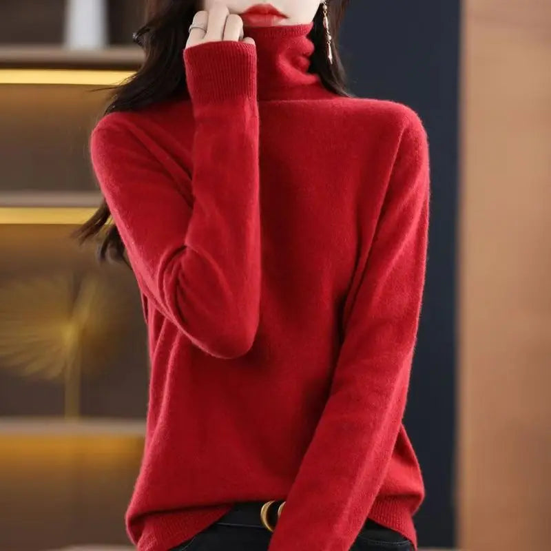 2025 100% Merino Wool Sweater Elegant Cashmere Pullover Women Pile Collar Long Sleeve Knitwear Basic Clothing  Jumper Tops