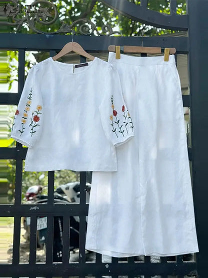 ZANZEA Fashion Women 3/4 Sleeve Embroidery Blouse Pants Sets Autumn 2PCS Floral Tracksuit Casual Loose Wide Leg Trousers Suits