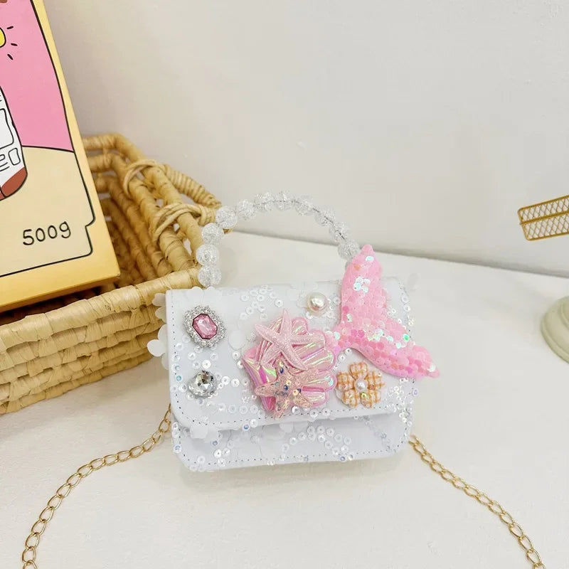 Lovely Sequin Girls Square Shoulder Bag Fish Tail Starfish Princess Crossbody Bags Bead Handle Children's Small Handbags Purse