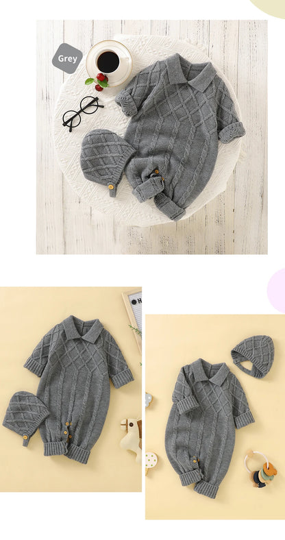 White Baby Girl Rompers Clothes Winter Long Sleeve Knitted Newborn Infant Boy Jumpsuits Hats Outfits Sets 0-18m Toddler Playsuit