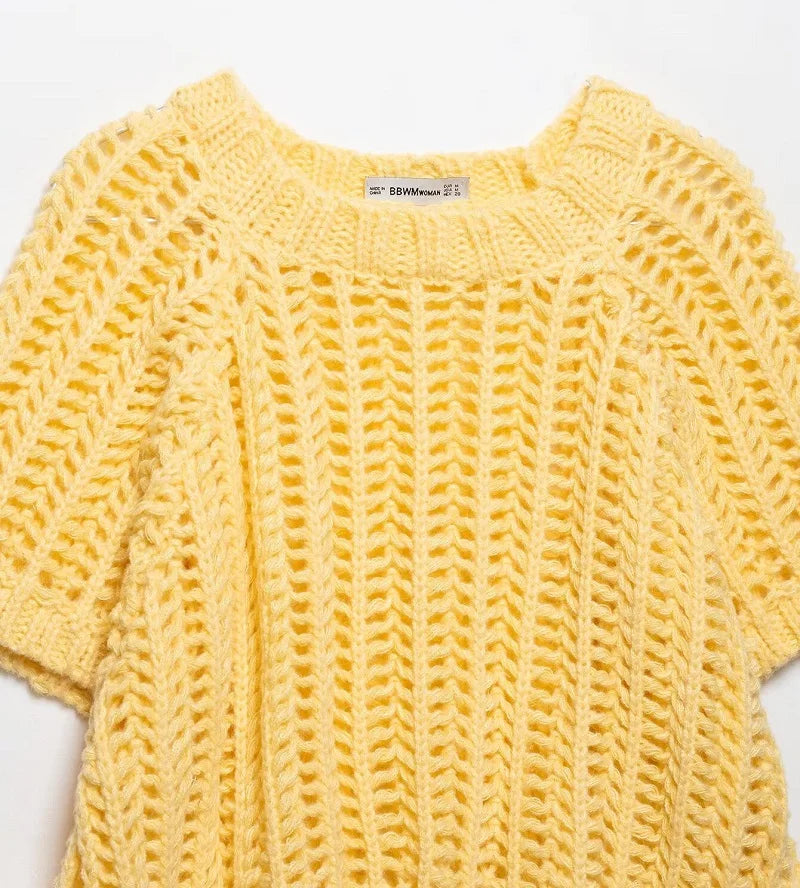 MUJER 2025 Stricken Crop Tops Frau Kurzarm Pullover Gestrickte Kurze Pullover für Frauen Gebunden Strickwaren Mode Damen Pullover.