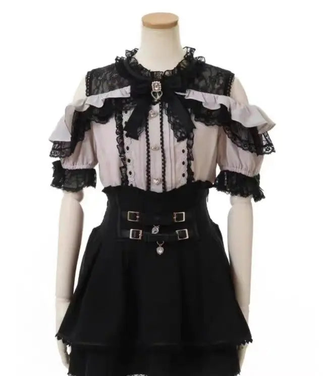 Jirai Kei Sweet Lolita Skort 2024 Summer - Double Bowknot High Waist Short Skirt with Leather Buckle Slim Fit Adjustable Waist.