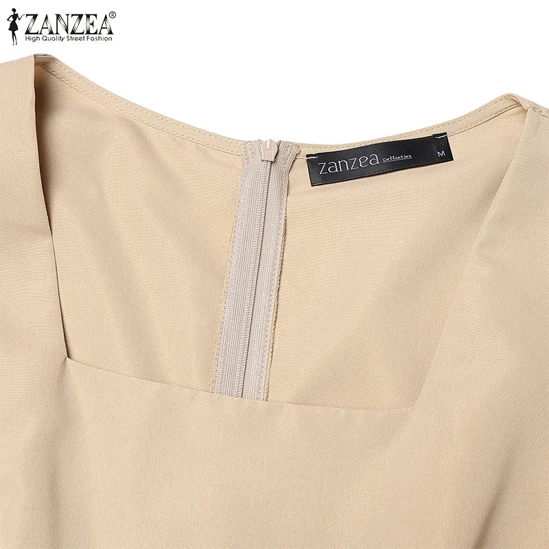 ZANZEA Street Fashion Elegant Womens Jumpsuits Sqaure Neck Short Sleeve Fitted Waist Wide Leg Pant Overalls Summer Streetwear.