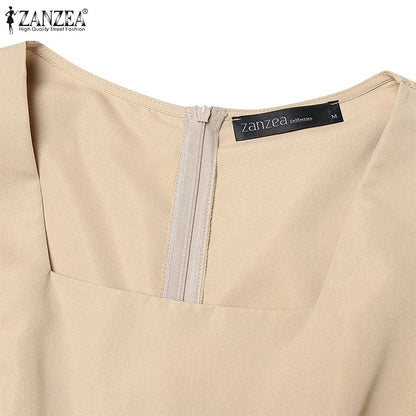 ZANZEA Street Fashion Elegant Womens Jumpsuits Sqaure Neck Short Sleeve Fitted Waist Wide Leg Pant Overalls Summer Streetwear.