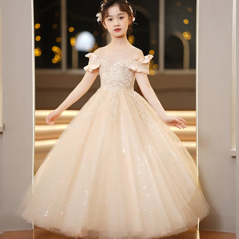 Neue Jugend Mädchen Prinzessin Mesh Kleid Hochzeit Blumen mädchen Kleid Schul wettbewerb Klavier lange Leistung Kleid für 3-12 Jahre.