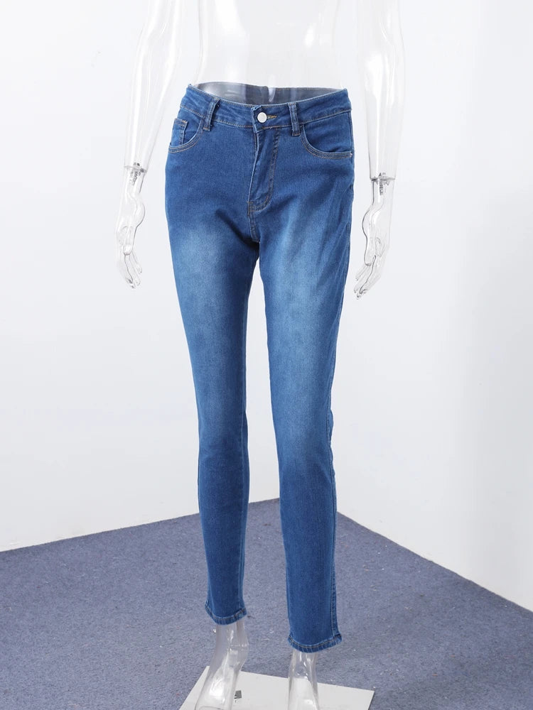 Street Slim Women's Blue Pencil Denim Pants Women Zipper Pockets Lady Jeans 2025 Autumn Lady Casual Street Trouser.