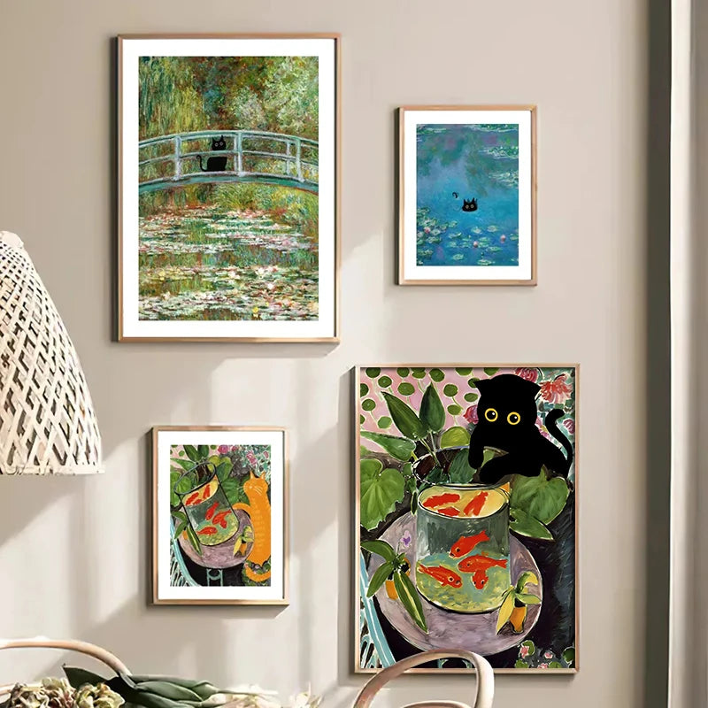 Funny Art Matisse Monet Black Cat Van Gogh Sunflowers Canvas Painting Posters and Prints Wall Pictures for Living Room Decor.