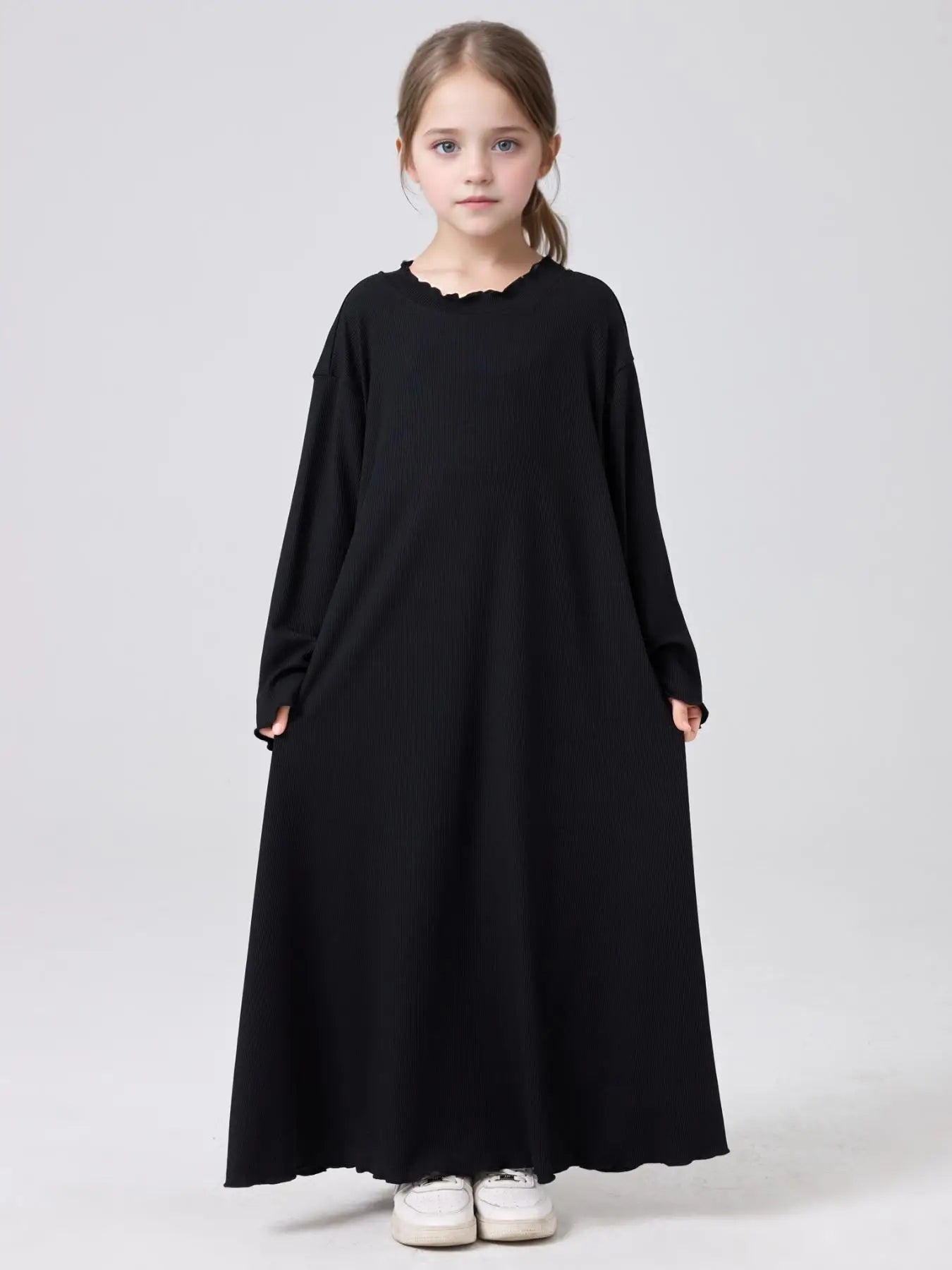 Middle Eastern Muslim Girls Princess Knitted Dress Wavy Edge Solid Color Robe.