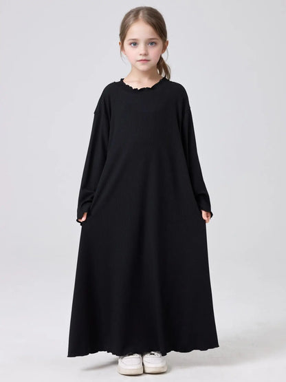 Middle Eastern Muslim Girls Princess Knitted Dress Wavy Edge Solid Color Robe.