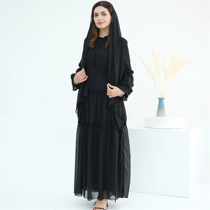 Ramadan Eid Chiffon Muslim Modest Khimar Abaya Set Dubai Turkey Islam Dress Abayas For Women Kebaya Kaftan Robe Femme Musulmane