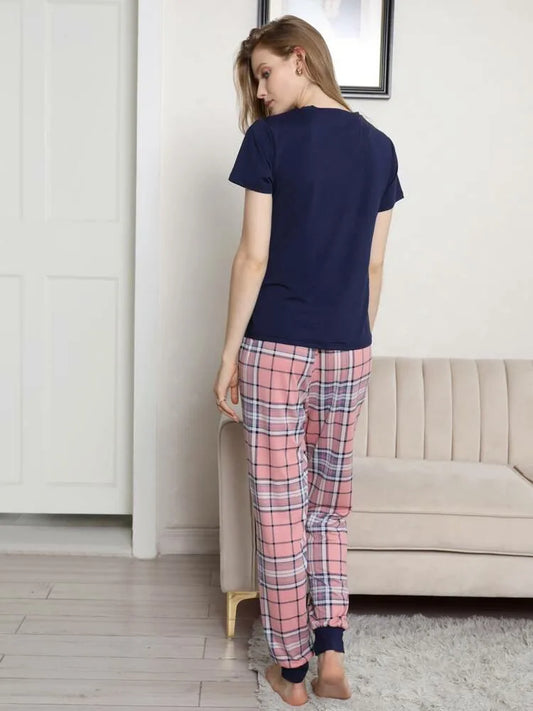 Zweiteilige Damen New Style Love Pattern Kurzarm Bluse Plaid Hose Casual Pyjamas Home Anzug