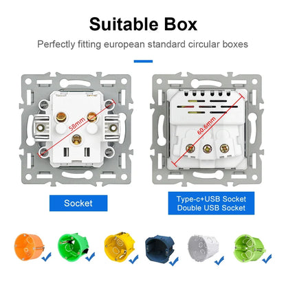 SRAN Französische USB-Wandsteckdose 5 V 2,1 A, Kristall-Hartglasscheibe 16 A 220 V 82 x 82 mm Steckdose Frankreich-Standard mit Abdeckung.