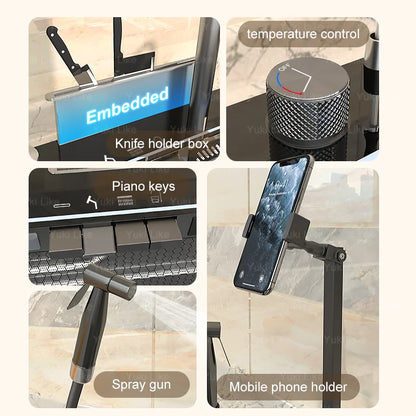 Stainless Steel Kitchen Sink Multifunctional Piano Button Waterfall Spout Faucet Digital Display Screen Dishwashing Basin