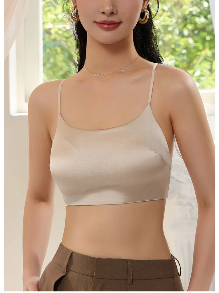 Birdtree 19MM 93% Mulberry Silk 7% Spandex Solid Bra,Women Satin 3/4 Cup U-shaped Back Soft Breathable Sling Underwear A59124JF.