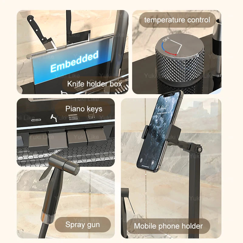 Stainless Steel Digital Kitchen Sink Large Waterfall Pull Out Faucet Honeycomb Embossed Sink Set