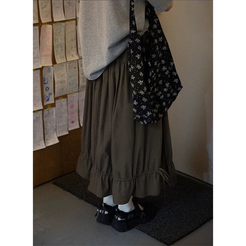 Vintage Black Midi Skirt Women Japanese Harajuku Drawstring Bud Skirts Summer Streetwear Korean Casual Design A Line Faldas New.