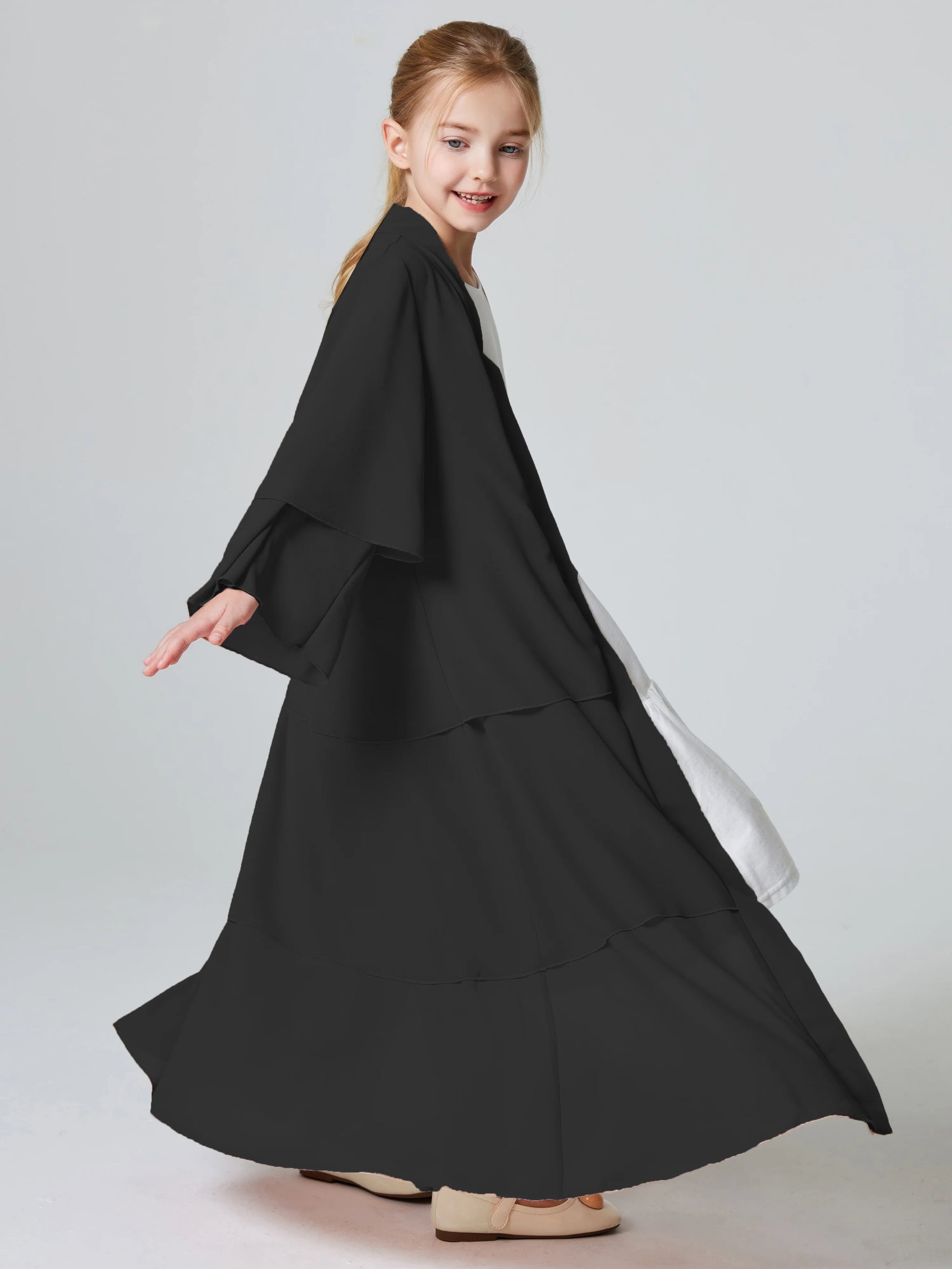 Ramadan Kebaya Muslim Girls Abaya 3 Layered Chiffon Kids Abaya Dress Open Front   Outerwear (Without Hijab).