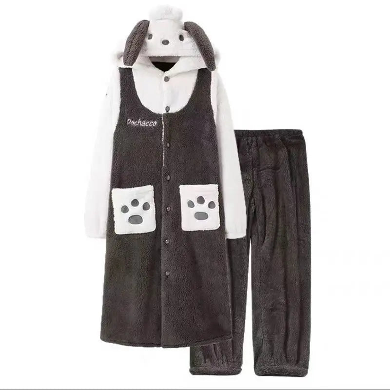 Winter Pochacco Sleepwear Women's Long Thickened Fleece Robe Set Cute Warm Flannel Student Outdoor Home Clothes Pajamas Set.