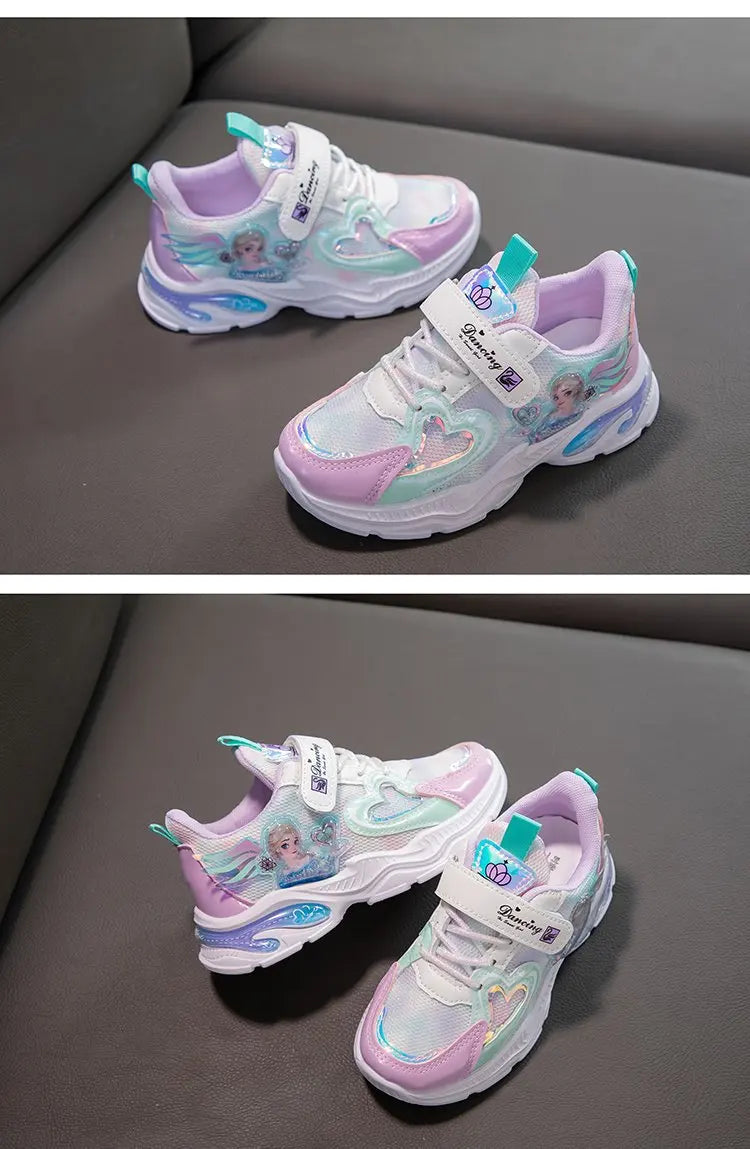 Disney Girls' Casual Shoes Frozen Priness Elsa Sneakers Mesh Leather White Breathable Sole Children's Sport Shoes Size 26-37.