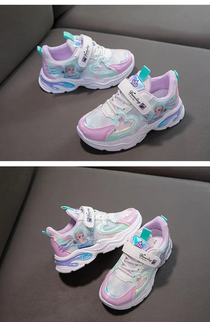 Disney Girls' Casual Shoes Frozen Priness Elsa Sneakers Mesh Leather White Breathable Sole Children's Sport Shoes Size 26-37.