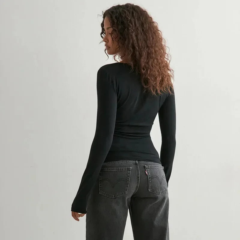 Pure Color V-neck Long Sleeve T-shirt Waist-cinching Sexy Top for Women Cross-border Autumn New Style Y25TP348 Polyester Fiber.