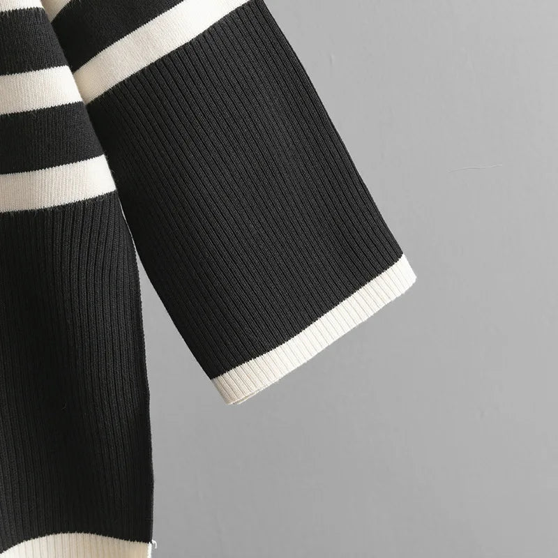 Muslim Women Knitting 2 Piece Sets Striped Sweater Pullover Top Wide Leg Pants Suit Outfits Knitwear Turtleneck Ensemble 2025.