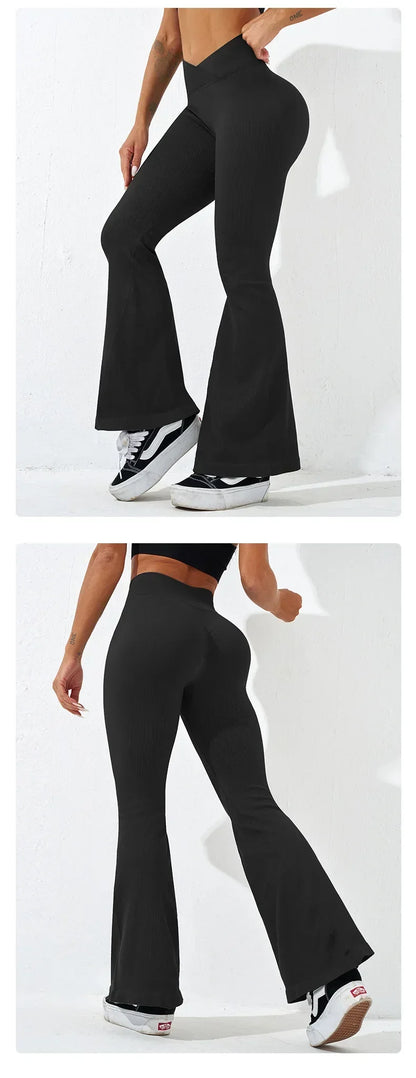 Sexy Slim Flared Pants Cross Waist Legging Women Seamless Gym Running Cycling Knit Yoga Stretch Butt Lift High Waist Pants.