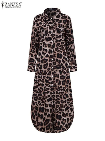 ZANZEA Party Vintage Leopard Robe Frauen 2025, Herbst Casual Langarm Maxi Lange Vestidos Kleid Mode Übergroßen Hemd Sommerkleid