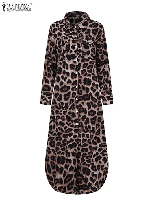ZANZEA Party Vintage Leopard Robe Frauen 2025, Herbst Casual Langarm Maxi Lange Vestidos Kleid Mode Übergroßen Hemd Sommerkleid