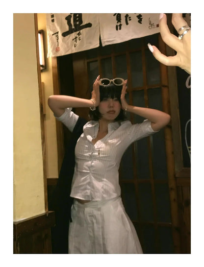 Genayooa Korean Style Casual Shirt Women Three Quarter Striped Shirts 2000s Japanese Y2k Vintage Tops Slim Retro Shirts Summer.