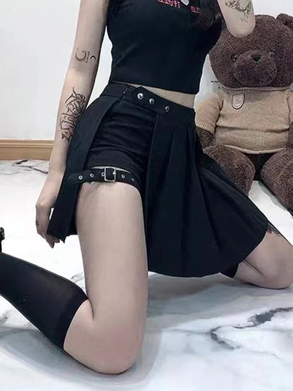AltGoth Punk Mall Goth Shorts Skirt Women Y2k E-girl Streetwear Harajuku Leg Ring Buckle Detachable High Waist Emo Alt Clubwear.
