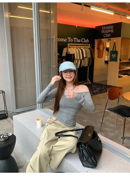 1pcs Spring Autumn Fashion Skew Collar Off-shoulder Long-sleeved T-shirts Women New Solid Slim Fit Sexy Tees Shirts Student Tops.