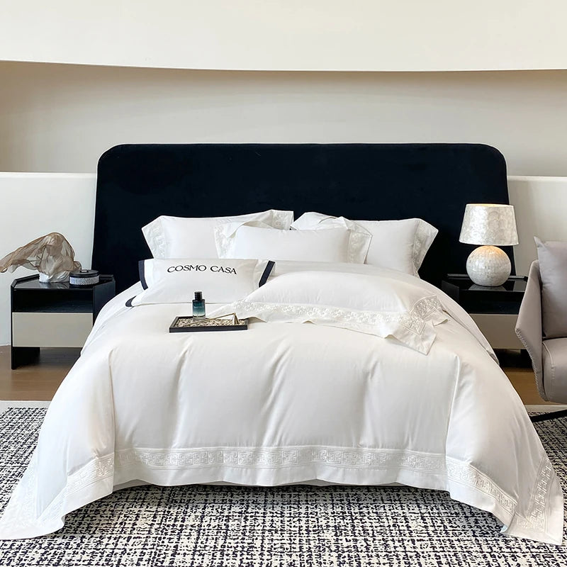 100% Egyptian Cotton White Luxury Embroidery Hotel Style Bedding Set Duvet Cover Set Flat/Fitted Bed Sheet Pillowcases 4Pcs.