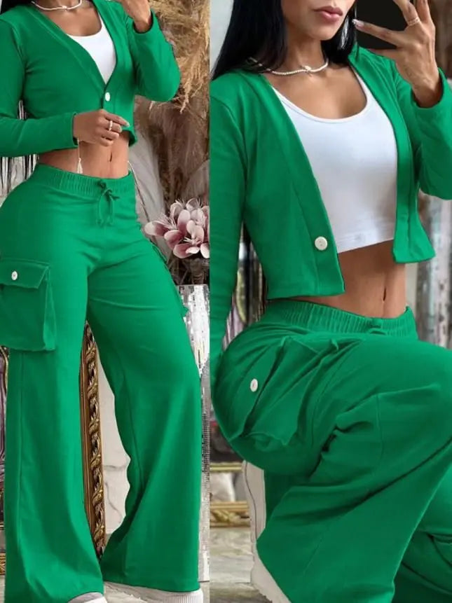 Women's Casual Two Piece Sets Spring Autumn Fashion Cardigan Long Sleeve Short Top Big Pocket Cargo Pants Sets 2024 Outifits.