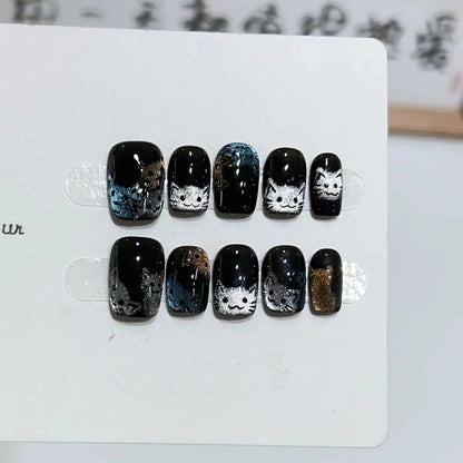 10Pcs Short Handmade Cat Eye Press on Nails Rose Ballet Wearable Rhinestones False Nails Glitter Decoration Manicure Nail Tips.