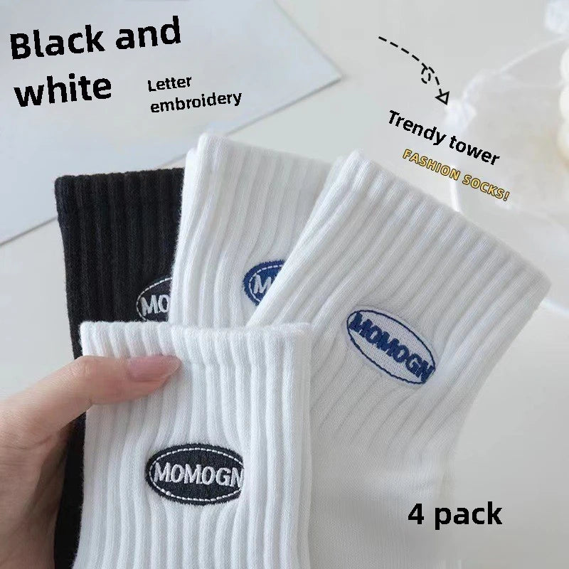 4 Pairs of Men's and Women's Cotton Socks, Four Seasons Anti-odor Running, Sports Sweat-absorbing Embroidery Cotton Socks.