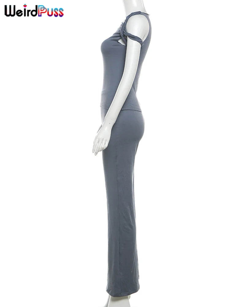 Weird Puss Irregular Knot Women 2 Piece Sets Stretch Casual Short Sleeve Tank Tops+Flare Pants Matching Outfits Slim Streetwear.