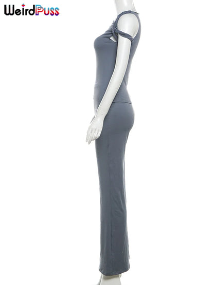 Weird Puss Irregular Knot Women 2 Piece Sets Stretch Casual Short Sleeve Tank Tops+Flare Pants Matching Outfits Slim Streetwear.