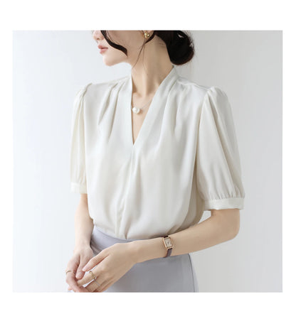 2025 Fashion Summer Short Sleeve V-Neck Women Blouse White Blouse Shirt Women Tops Blouses Shirts Blusas De Mujer Camisas P856.