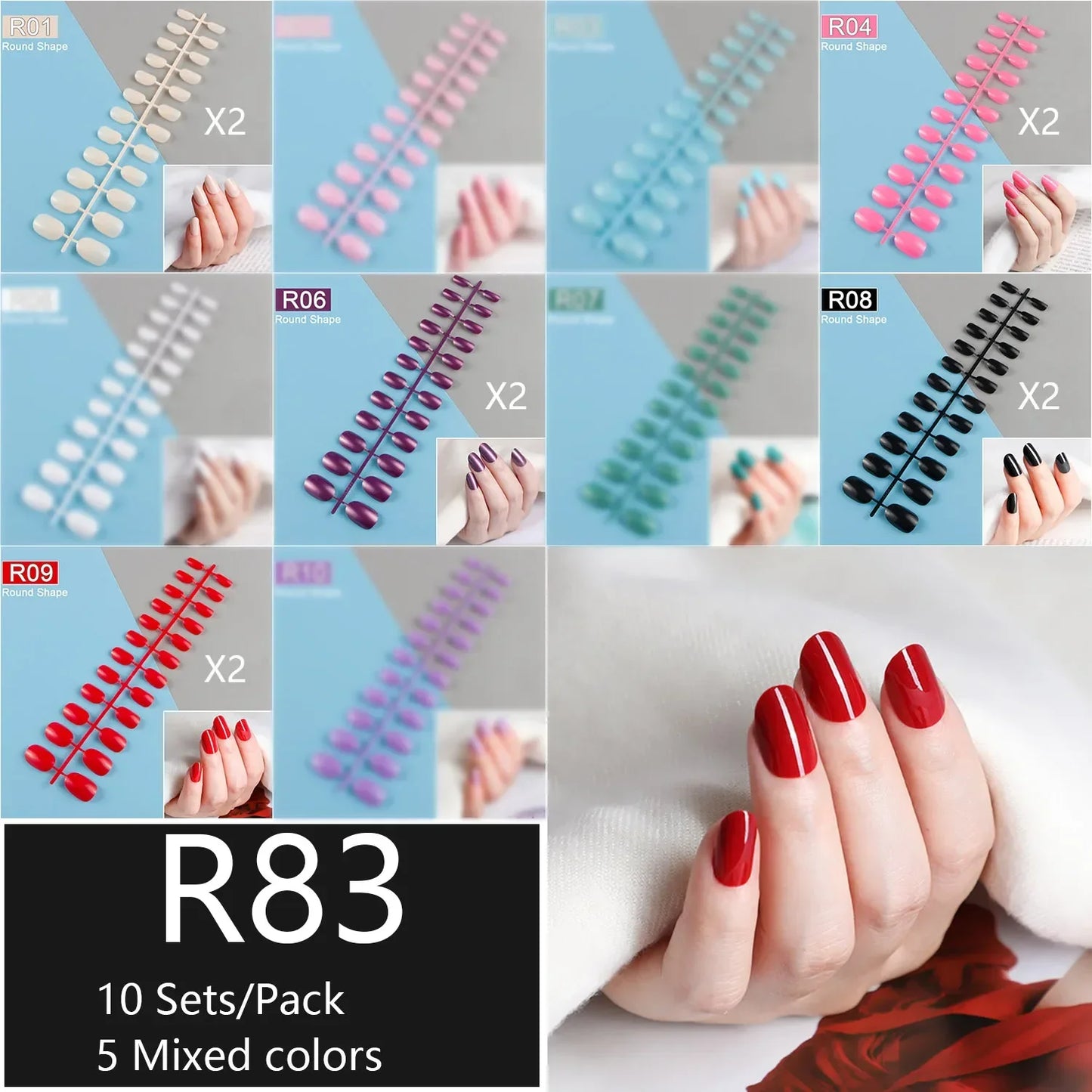 10 Sets/Pack Mixed Solid Colors Coffin Round Square Almond Shape False Nails Full Cover Nail Tips Short Fake Nails Tip Manicure