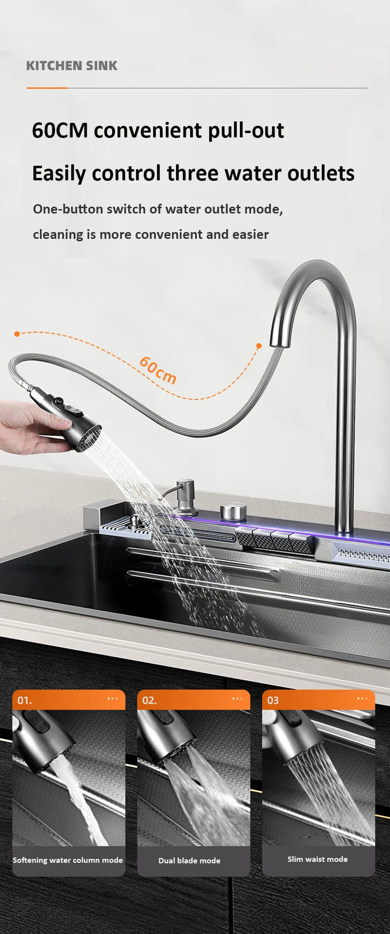 Whale style kitchen sink digital display flying rain waterfall stainless steel dishwashing pool vegetable washing basin multifun