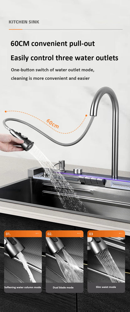 Whale style kitchen sink digital display flying rain waterfall stainless steel dishwashing pool vegetable washing basin multifun