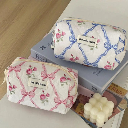 Cute Bow Flower Quilting Makeup Bag Women Zipper Cosmetic Organizer Female Cloth Handbag Portable Toiletry Case For Girls