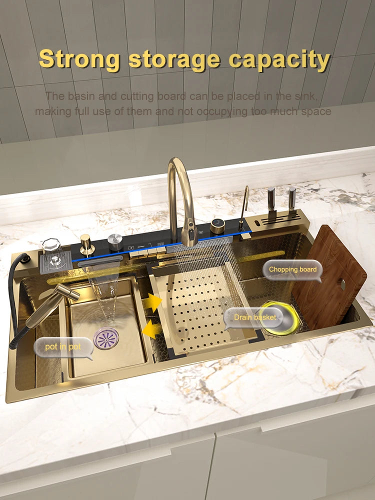 Golden Stainless Steel Kitchen Sink Waterfall Outlet Large Single Sink Digital Display Dishwashing and Vegetable Sinks
