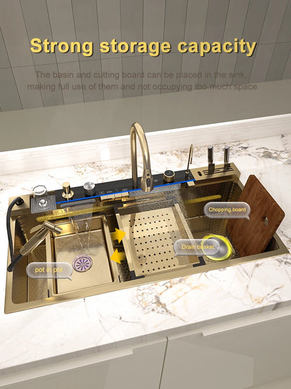 Golden Stainless Steel Kitchen Sink Waterfall Outlet Large Single Sink Digital Display Dishwashing and Vegetable Sinks