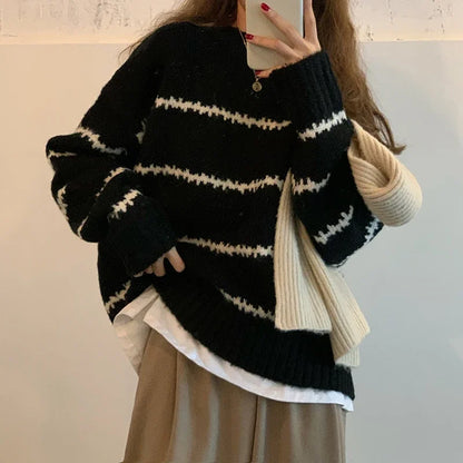 Herbst Winter Gestreiften Pullover Pullover Frauen Gestrickte Shirts Lange Hülse Lose Mock Neck Outwear Casual Pullover Tops Strickwaren