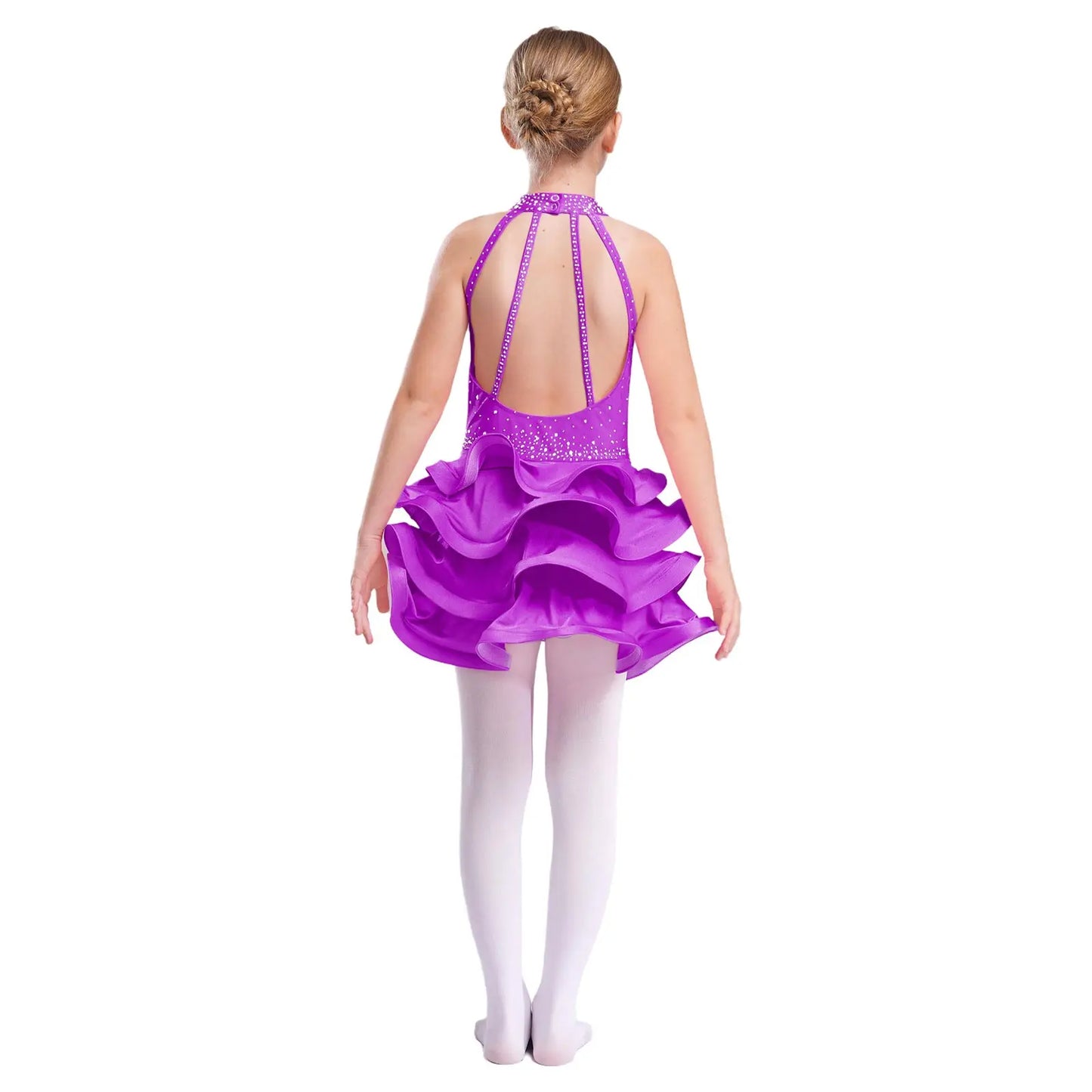 Eiskunstlauf-Kostüm für Teenager-Mädchen, lateinamerikanischer Tanz, Cha-Cha, Tango, Performance-Tanzbekleidung, ärmelloses, gestuftes Kleid mit Strasssteinen