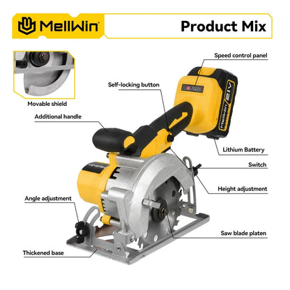MELLWIN 5 Zoll 125 MM Bürstenlose Elektrische Kreissäge Handheld Multifunktionale Holz Metall Cutter Power Tool Für 21 V 18 V Batterie